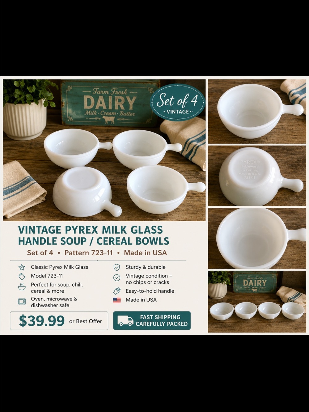 Pyrex White Milk Glass Handle Soup/Cereal Bowls - Set of 4